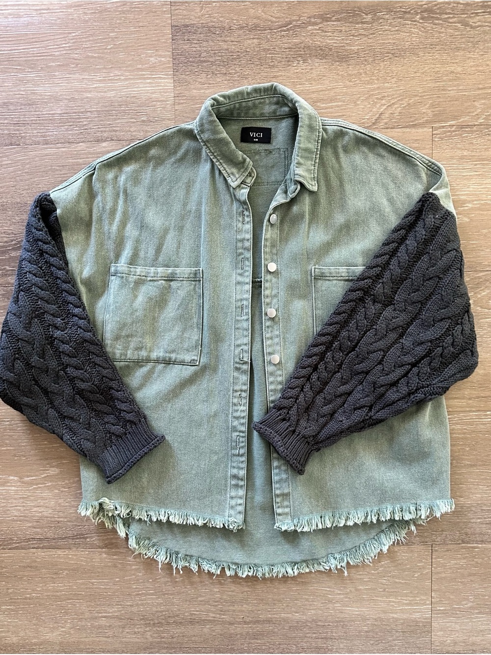 VICI Olive Green Oversize Denim Fringe Shirt Jacket with Black Cable-Knit Sleeve